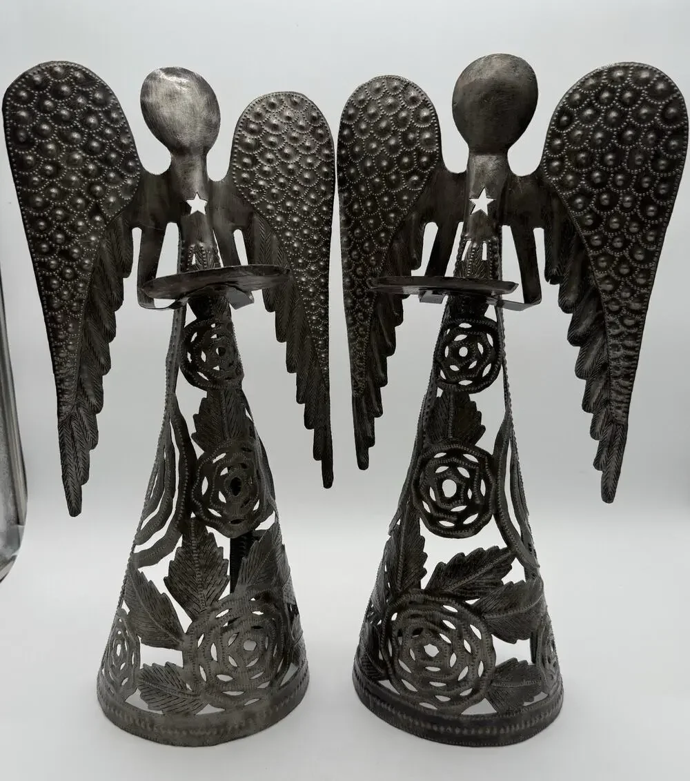 Haitian Metal Art Angel Candle Holder, Recycled Steel, Handmade Set Of Two